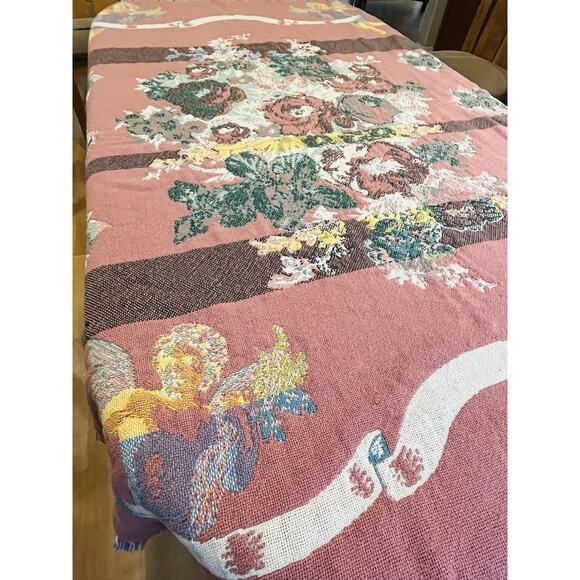 Thick Woven Blanket Tapestry Pink Flowers Floral Angel Cherub Cupid Fringe Cotto - Picture 8 of 16